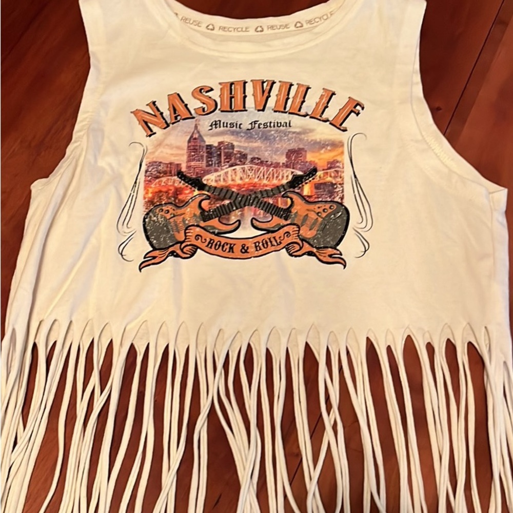 White Nashville Graphic Fringe Crop Tank Top